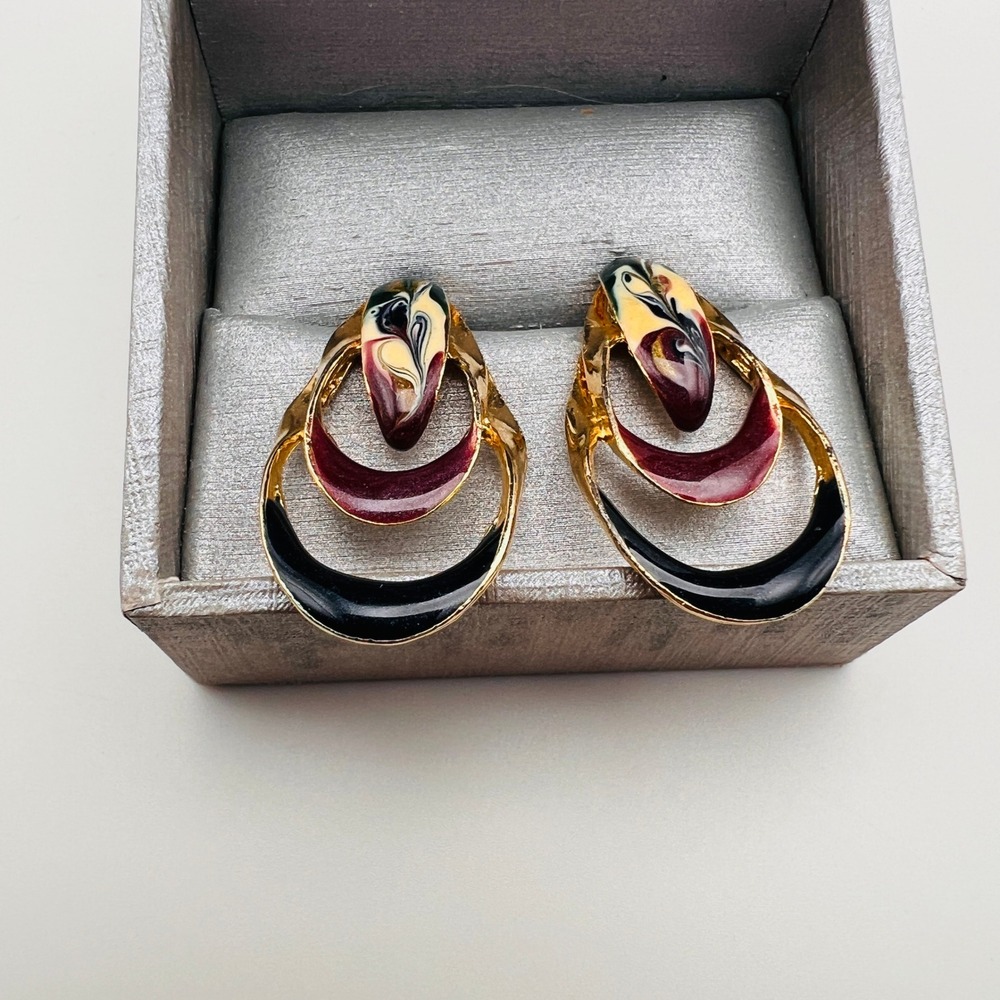 Vintage Enamel Abstract Swirl Drop Dangle Earrings Black Maroon Cream Gold Tone